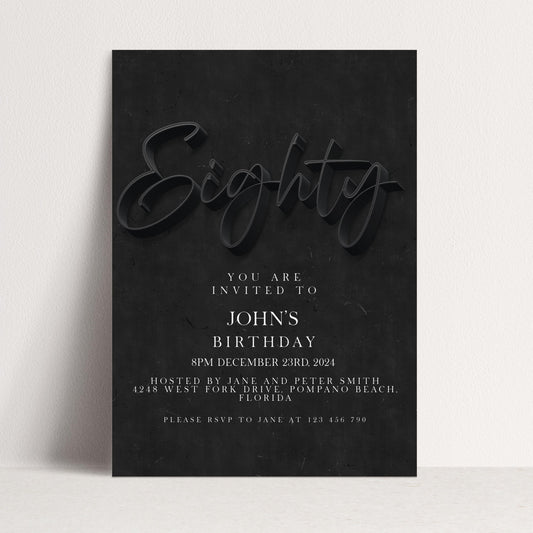 80th Birthday Invitation Black Elegant, Modern Milestone Party Invite for Him, Stylish Adult Birthday, Editable Template SE19