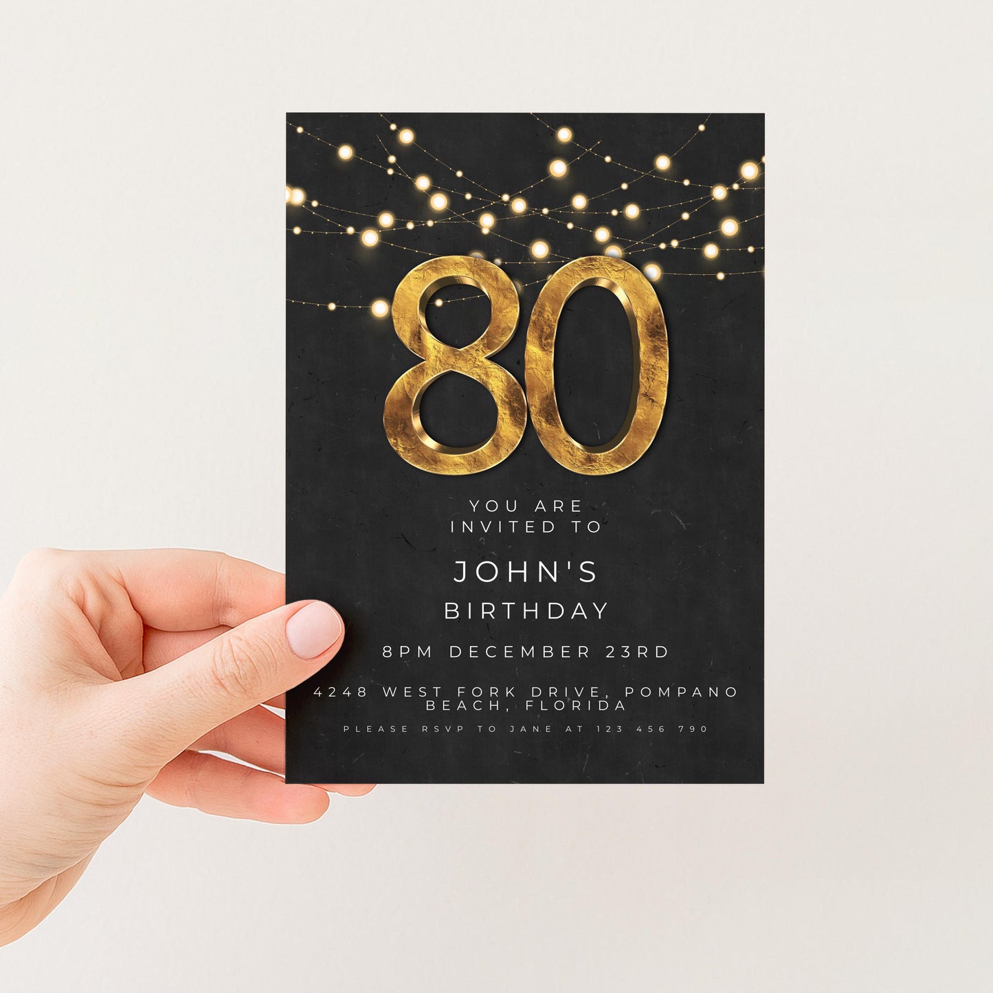 80th Birthday Invitation Editable Template Black Gold Simple Elegant For Him or Her Instant Download Printable SE20