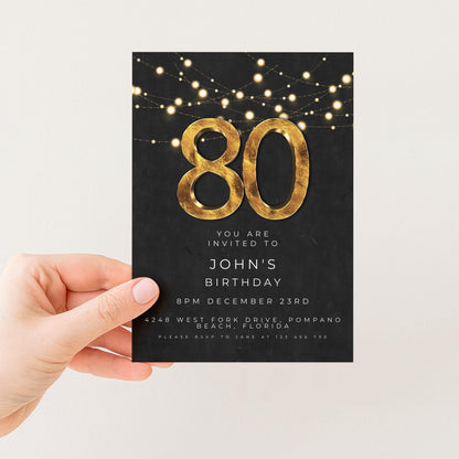80th Birthday Invitation Editable Template Black Gold Simple Elegant For Him or Her Instant Download Printable SE20