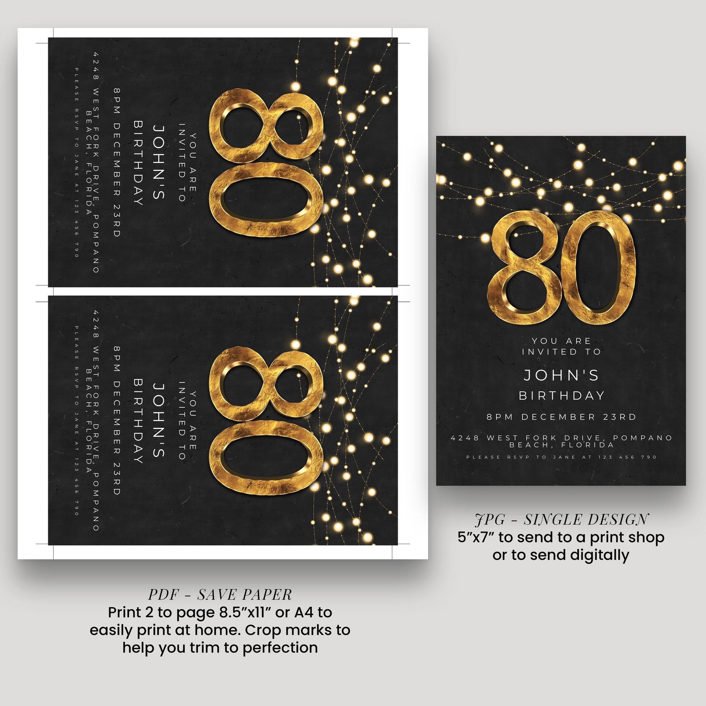 80th Birthday Invitation Editable Template Black Gold Simple Elegant For Him or Her Instant Download Printable SE20