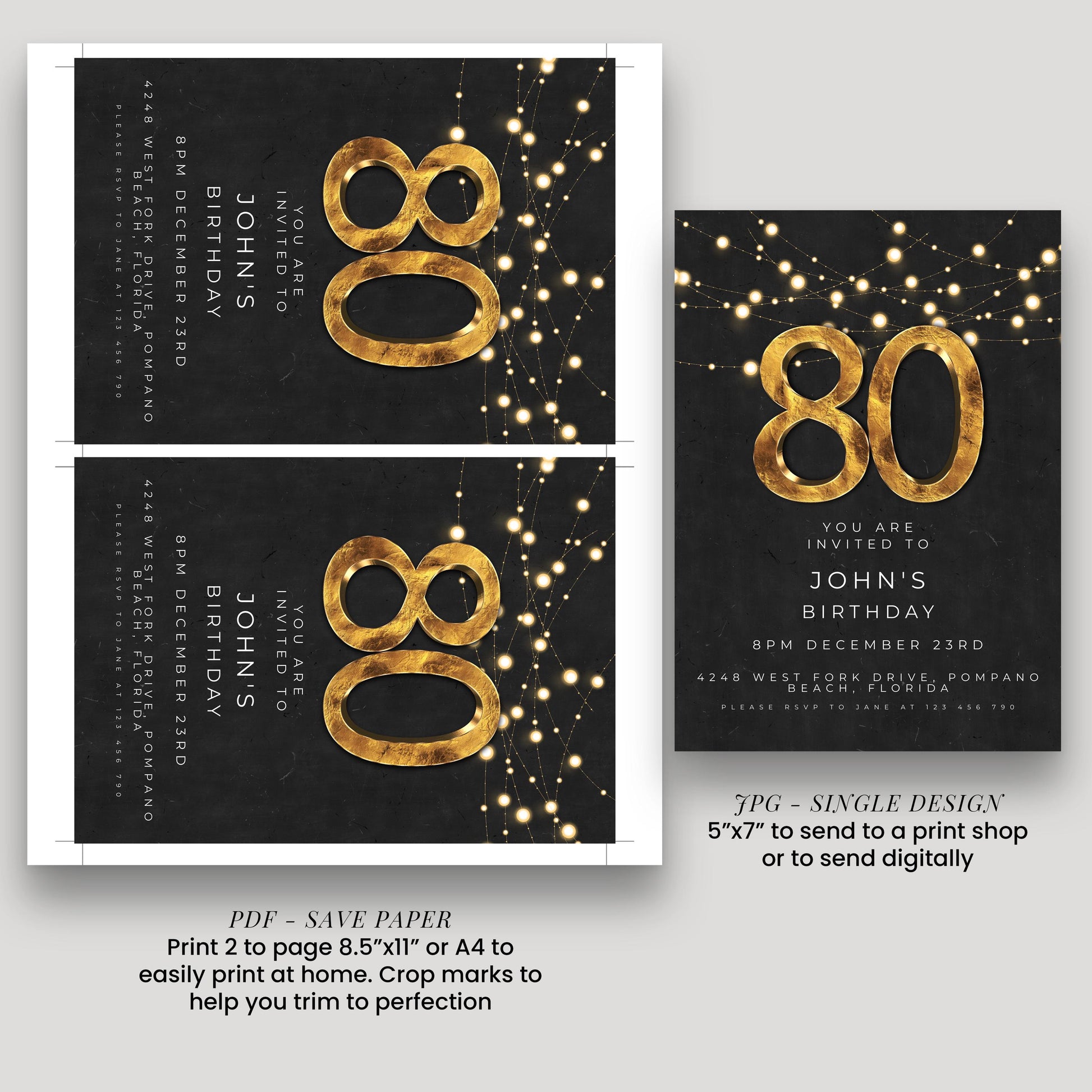 80th Birthday Invitation Editable Template Black Gold Simple Elegant For Him or Her Instant Download Printable SE20