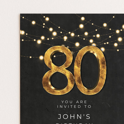 80th Birthday Invitation Editable Template Black Gold Simple Elegant For Him or Her Instant Download Printable SE20