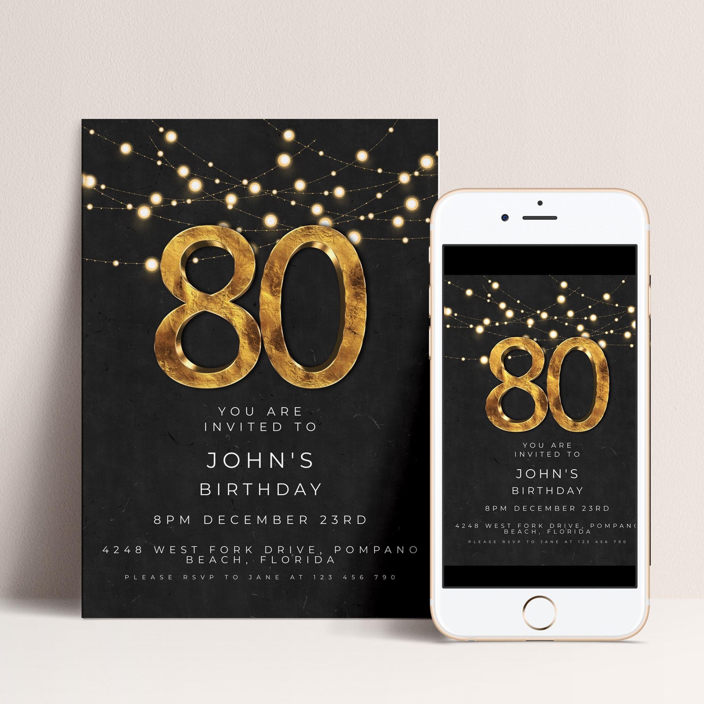 80th Birthday Invitation Editable Template Black Gold Simple Elegant For Him or Her Instant Download Printable SE20
