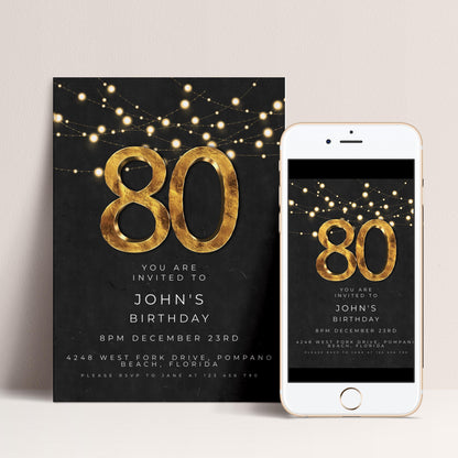 80th Birthday Invitation Editable Template Black Gold Simple Elegant For Him or Her Instant Download Printable SE20