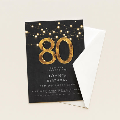 80th Birthday Invitation Editable Template Black Gold Simple Elegant For Him or Her Instant Download Printable SE20