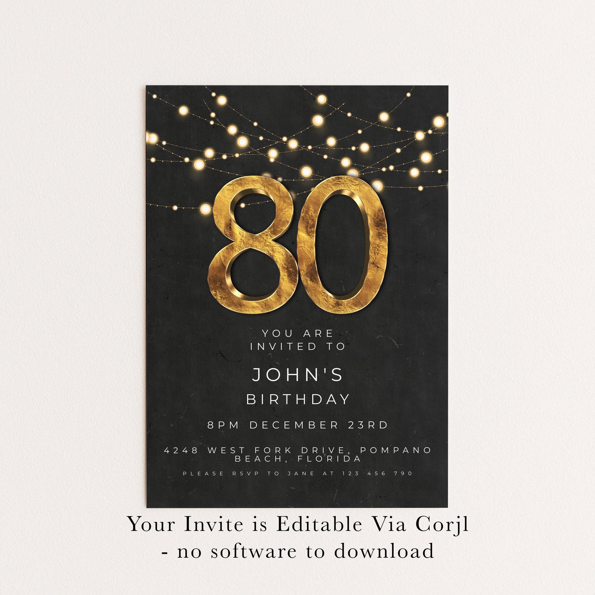 80th Birthday Invitation Editable Template Black Gold Simple Elegant For Him or Her Instant Download Printable SE20