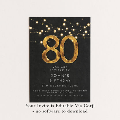 80th Birthday Invitation Editable Template Black Gold Simple Elegant For Him or Her Instant Download Printable SE20