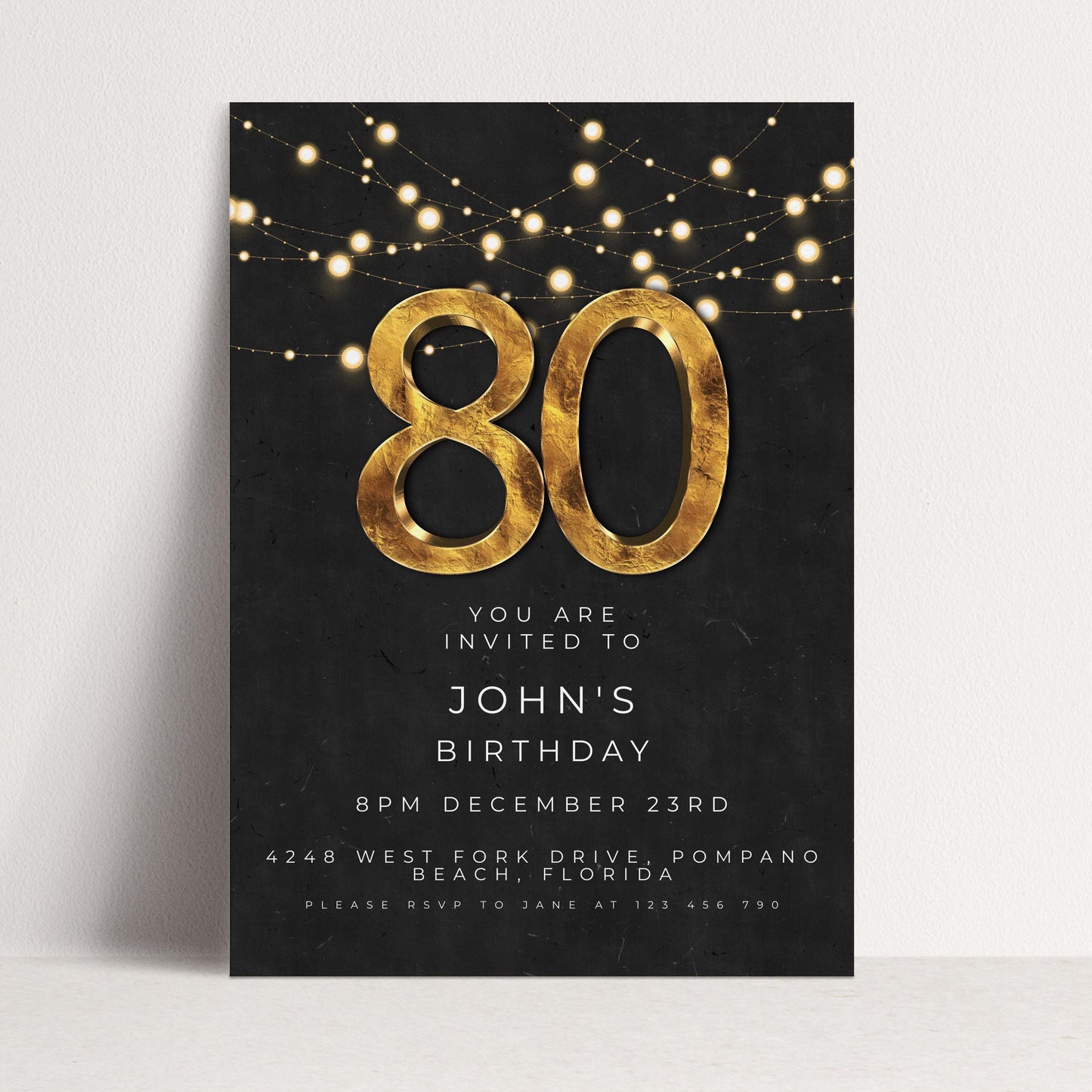 80th Birthday Invitation Editable Template Black Gold Simple Elegant For Him or Her Instant Download Printable SE20