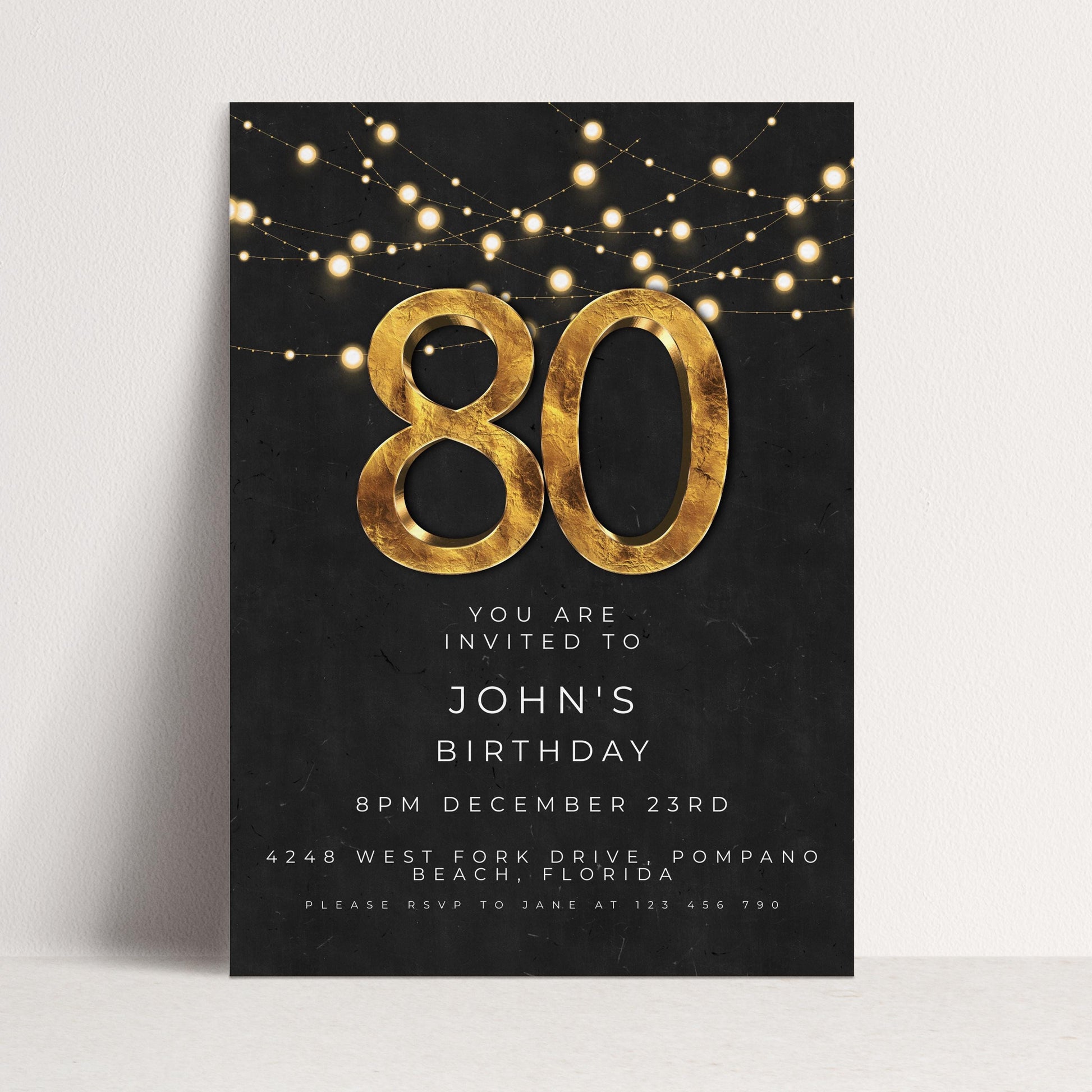 80th Birthday Invitation Editable Template Black Gold Simple Elegant For Him or Her Instant Download Printable SE20