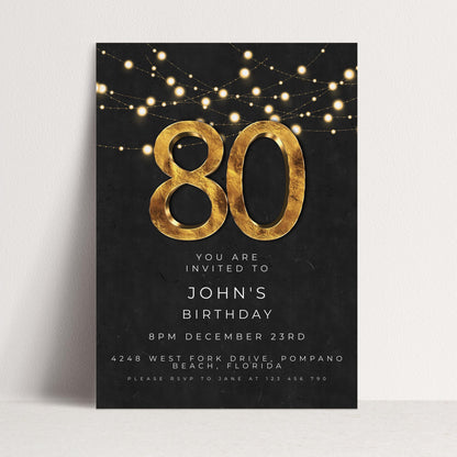 80th Birthday Invitation Editable Template Black Gold Simple Elegant For Him or Her Instant Download Printable SE20
