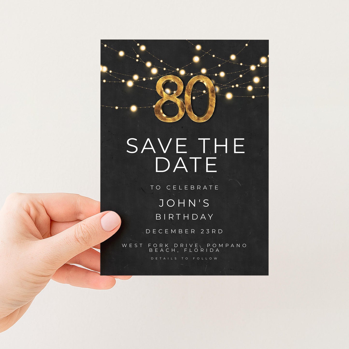80th Birthday Save the Date Invitation, Black and Gold Elegant Party Invite, Men’s or Women’s Milestone Birthday, Digital Download