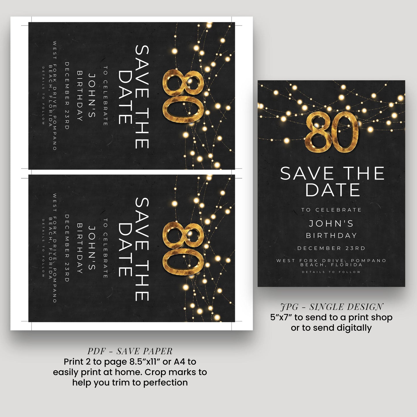80th Birthday Save the Date Invitation, Black and Gold Elegant Party Invite, Men’s or Women’s Milestone Birthday, Digital Download