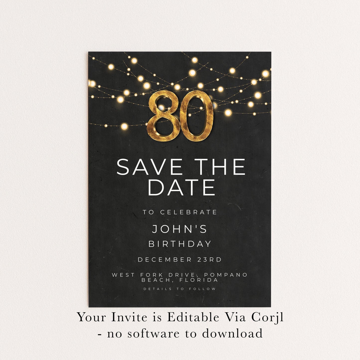 80th Birthday Save the Date Invitation, Black and Gold Elegant Party Invite, Men’s or Women’s Milestone Birthday, Digital Download