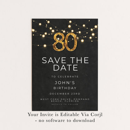 80th Birthday Save the Date Invitation, Black and Gold Elegant Party Invite, Men’s or Women’s Milestone Birthday, Digital Download