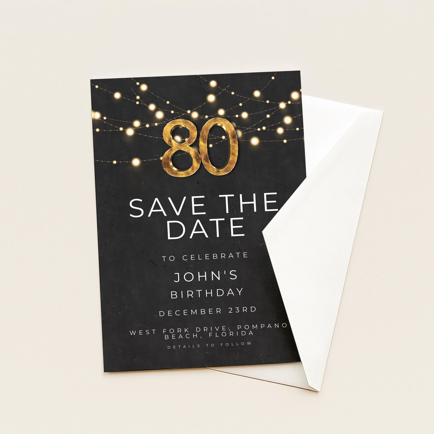 80th Birthday Save the Date Invitation, Black and Gold Elegant Party Invite, Men’s or Women’s Milestone Birthday, Digital Download