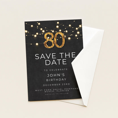 80th Birthday Save the Date Invitation, Black and Gold Elegant Party Invite, Men’s or Women’s Milestone Birthday, Digital Download