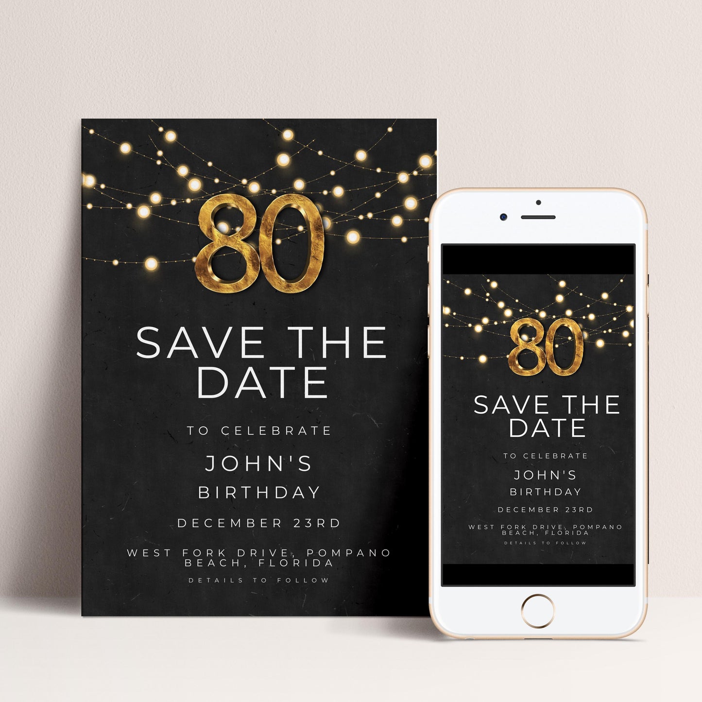 80th Birthday Save the Date Invitation, Black and Gold Elegant Party Invite, Men’s or Women’s Milestone Birthday, Digital Download