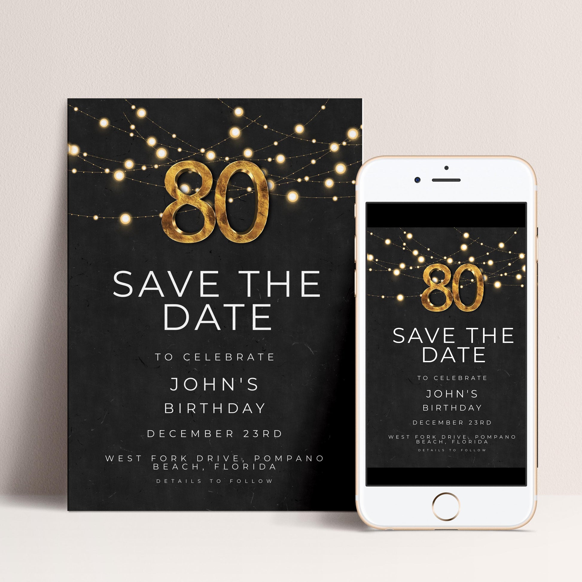 80th Birthday Save the Date Invitation, Black and Gold Elegant Party Invite, Men’s or Women’s Milestone Birthday, Digital Download