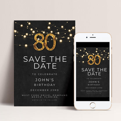80th Birthday Save the Date Invitation, Black and Gold Elegant Party Invite, Men’s or Women’s Milestone Birthday, Digital Download
