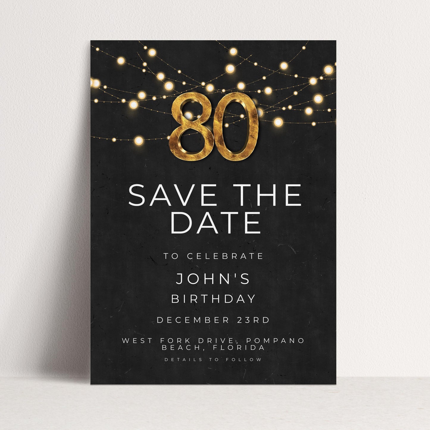 80th Birthday Save the Date Invitation, Black and Gold Elegant Party Invite, Men’s or Women’s Milestone Birthday, Digital Download