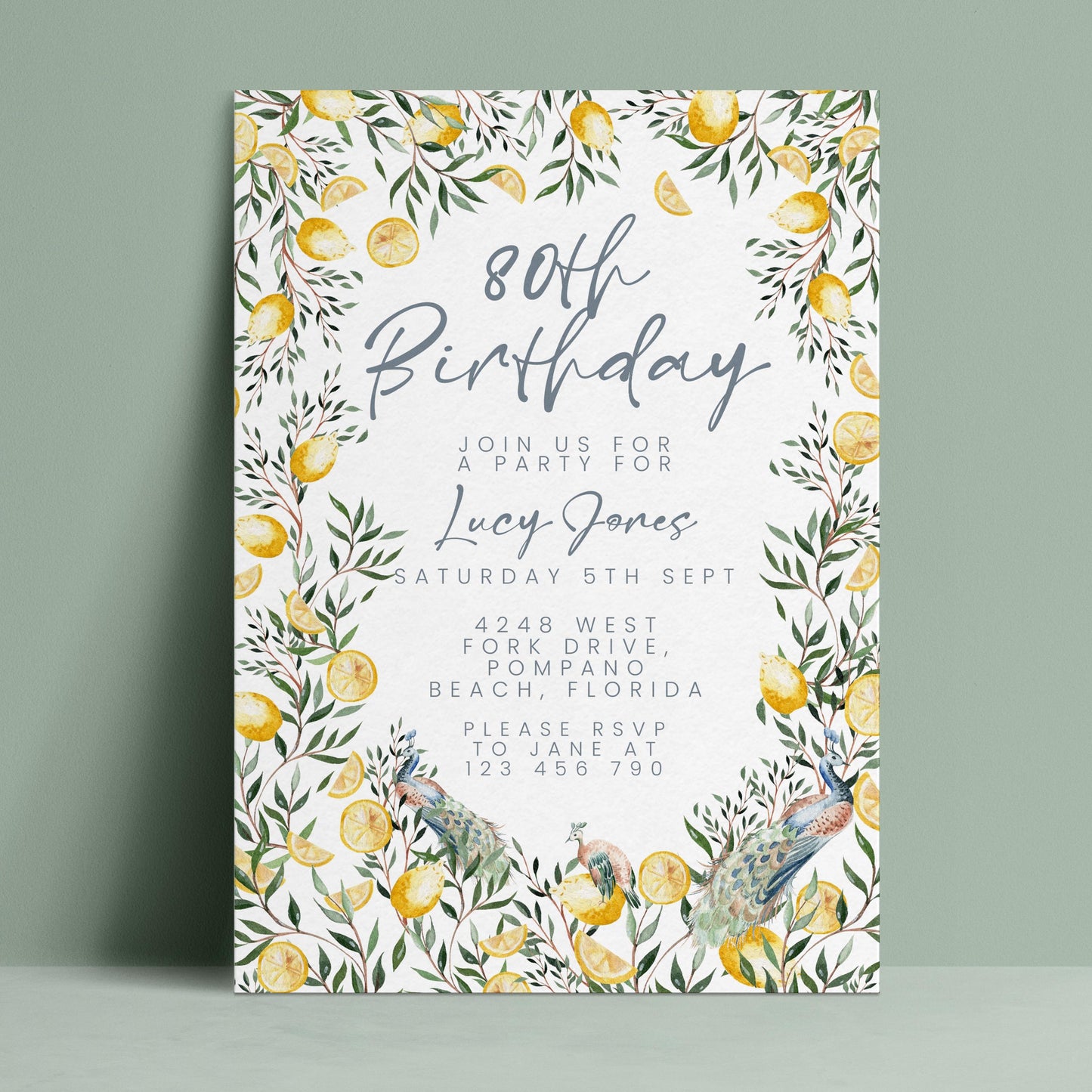 Editable 80th birthday invitation with watercolour lemon greenery border and peacocks on white background — digital download template via Corjl