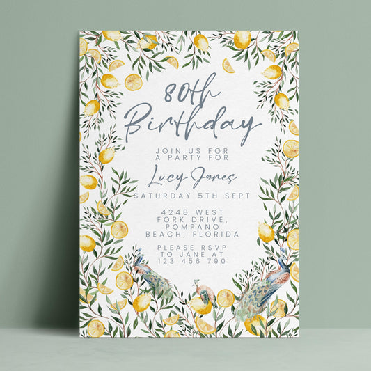 Editable 80th birthday invitation with watercolour lemon greenery border and peacocks on white background — digital download template via Corjl