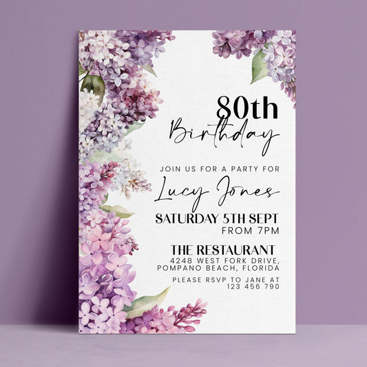 Editable 80th birthday invitation with watercolour purple lilac floral border on white background — digital download template via Corjl