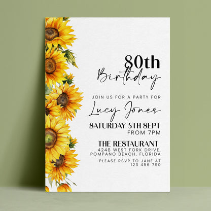 Editable 80th birthday invitation with watercolour sunflower border on white background — digital download template via Corjl
