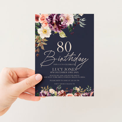 80th Birthday Invitation Navy Floral | Editable Digital Download Template | Printable Party Invite