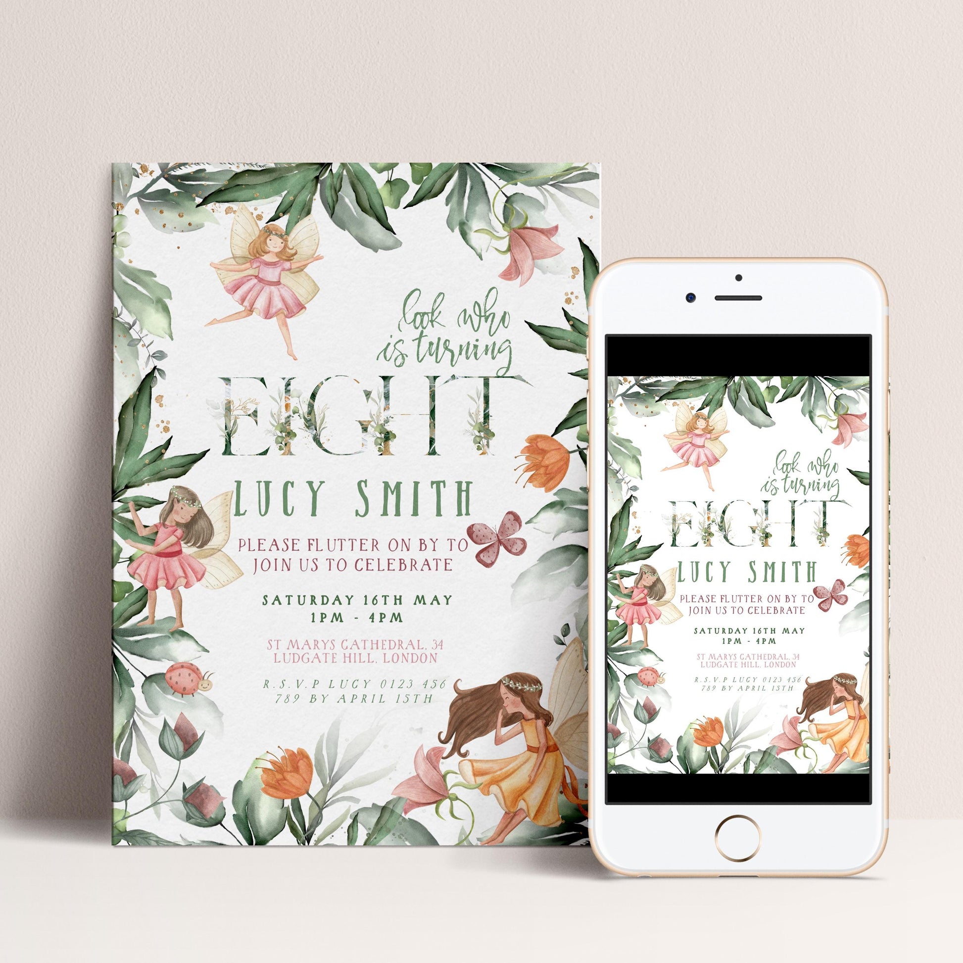 The image is a birthday invitation featuring a fairy theme, with illustrations of fairies and flowers. The invitation is for a birthday party for a girl named Lucy Smith, and it is displayed on both a poster and a smartphone.