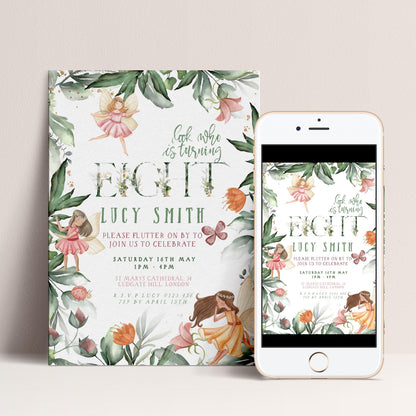 The image is a birthday invitation featuring a fairy theme, with illustrations of fairies and flowers. The invitation is for a birthday party for a girl named Lucy Smith, and it is displayed on both a poster and a smartphone.