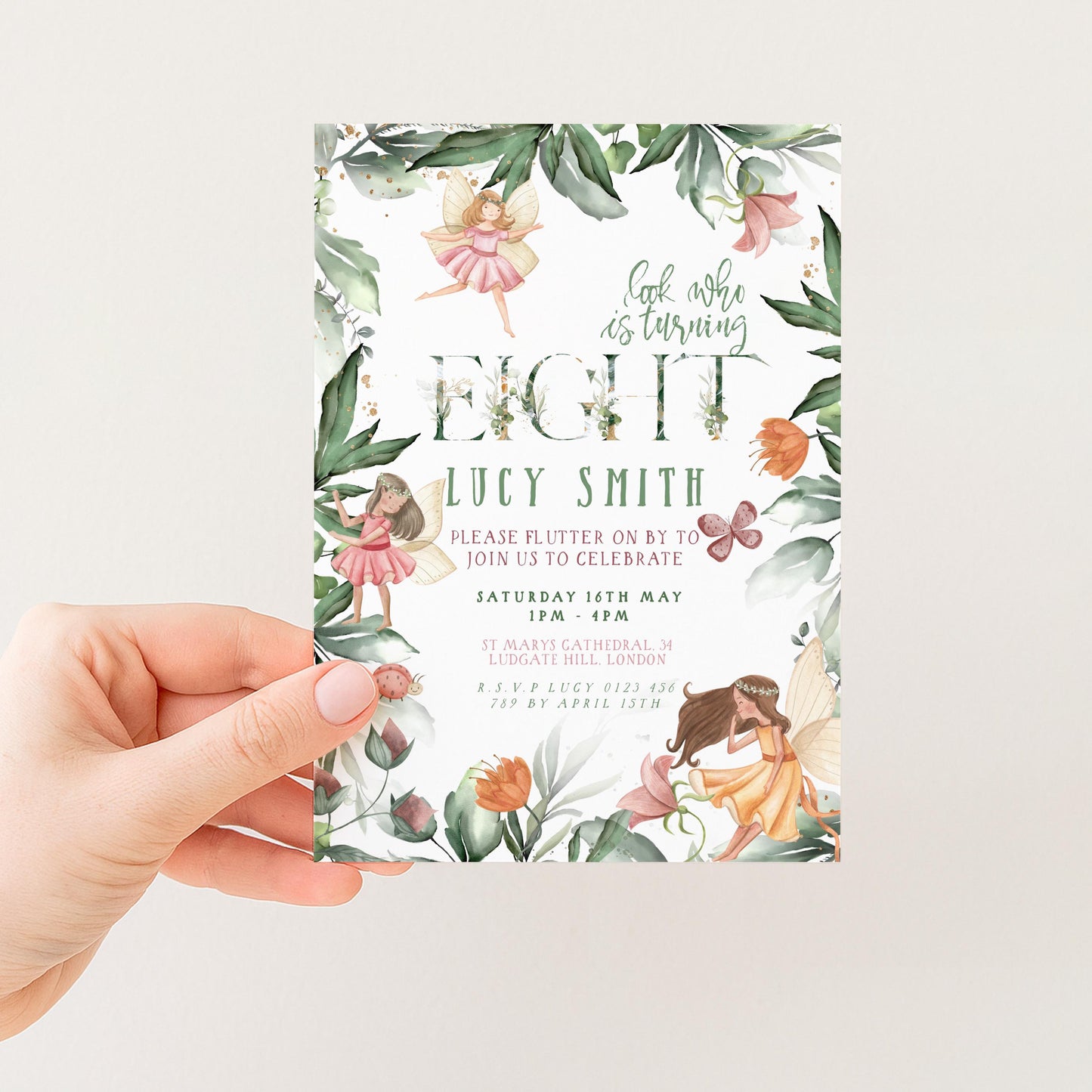 The image is a birthday invitation card for a girl named Lucy Smith, celebrating her 8th birthday.