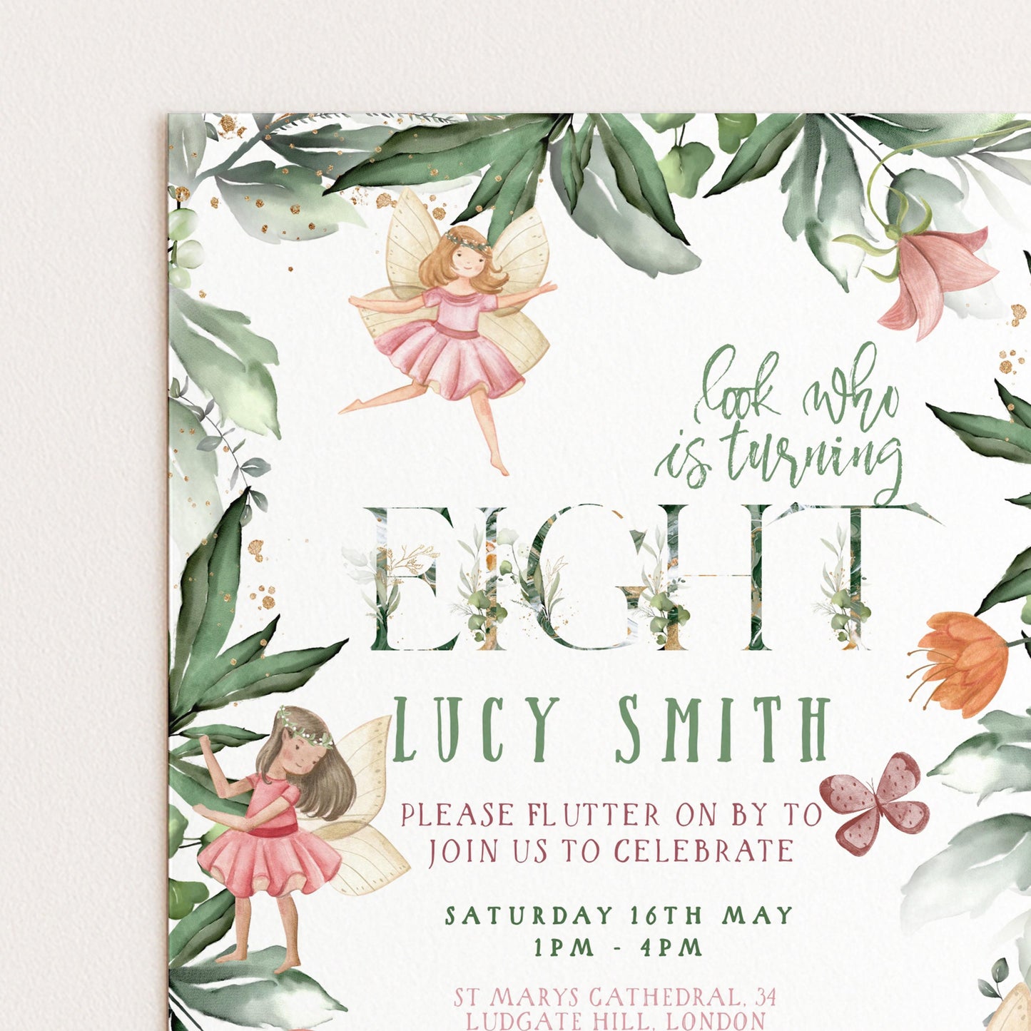 The image is a birthday invitation featuring a fairy theme, with illustrations of fairies and flowers.