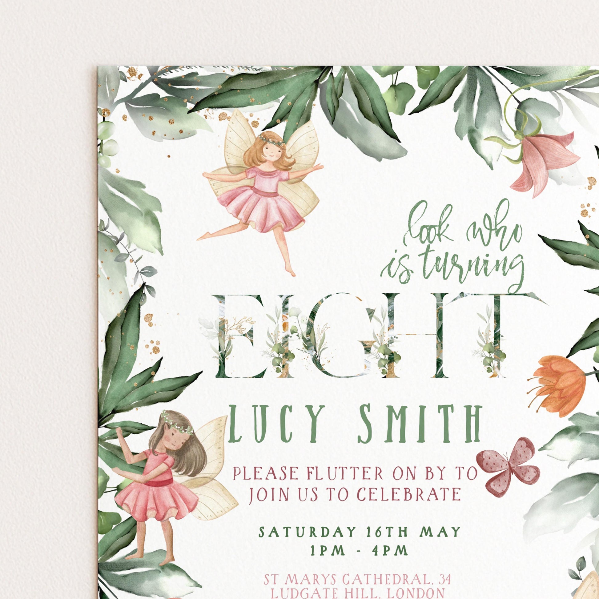 The image is a birthday invitation featuring a fairy theme, with illustrations of fairies and flowers.