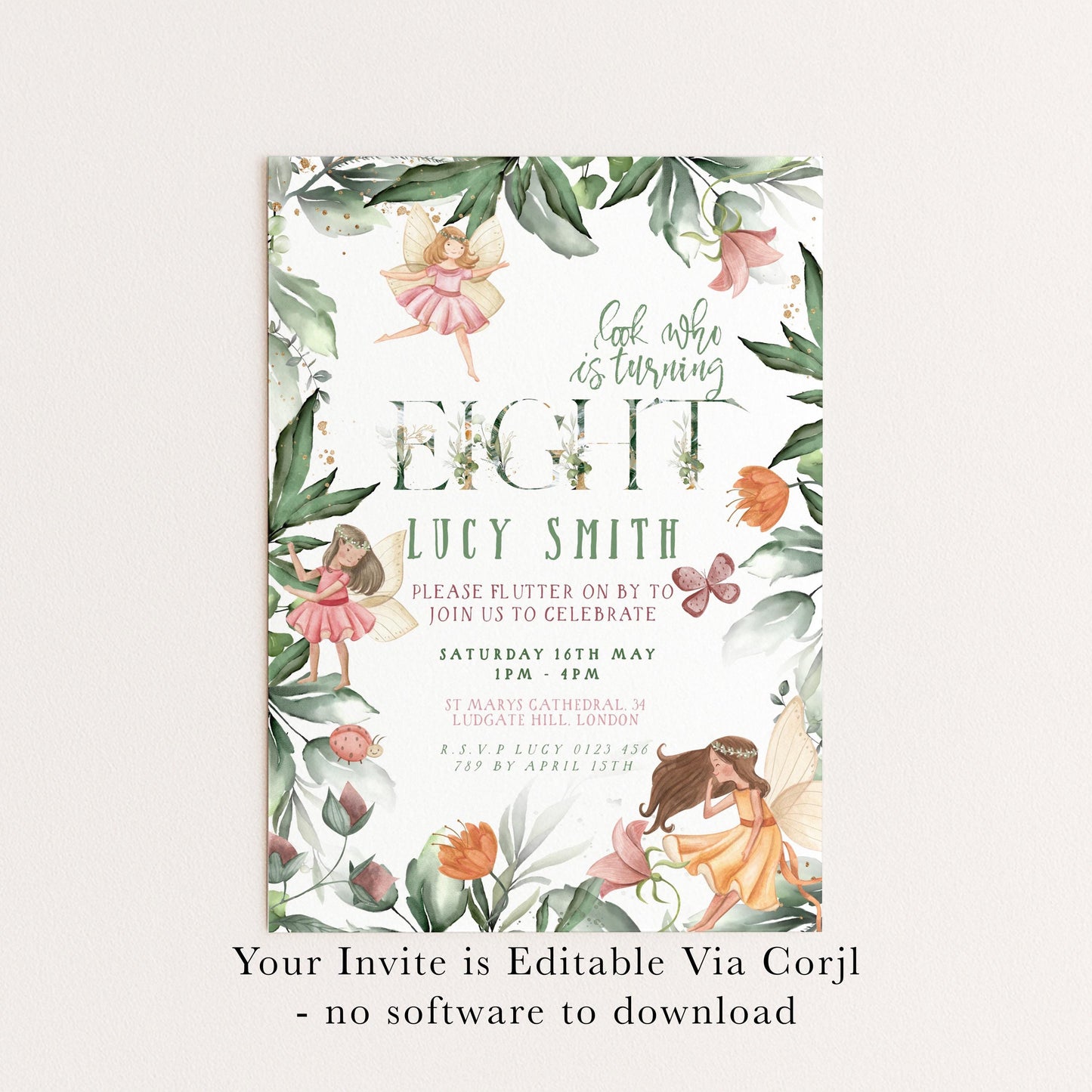 The image is a birthday invitation featuring a fairy theme, with illustrations of fairies and leaves. The invitation is for a birthday party for a girl named Lucy Smith, and it invites guests to join her for a celebration on Saturday, May 10th, from 1 PM to 4 PM at St. Ludgate Cathedral in London.