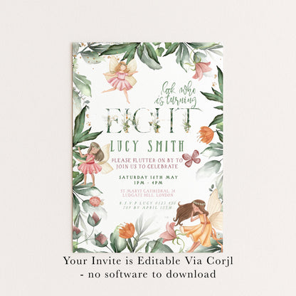 The image is a birthday invitation featuring a fairy theme, with illustrations of fairies and leaves. The invitation is for a birthday party for a girl named Lucy Smith, and it invites guests to join her for a celebration on Saturday, May 10th, from 1 PM to 4 PM at St. Ludgate Cathedral in London.