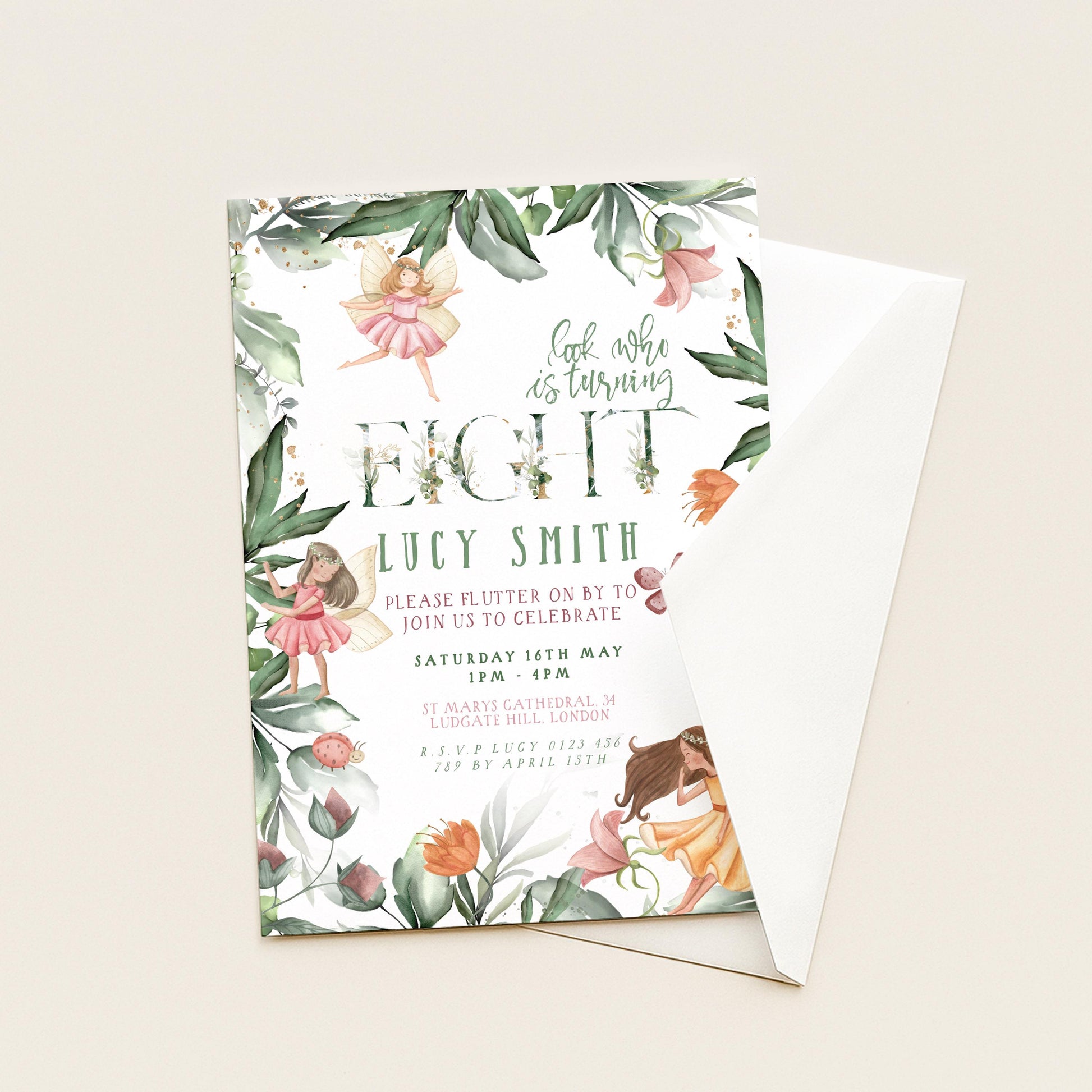 The image is a birthday invitation featuring a floral design with a fairy and a horse.