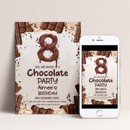 8th Birthday Invitation Chocolate Theme, Sweet Party Invite for Girls, Candy Birthday Party, Kids Editable Template CH78