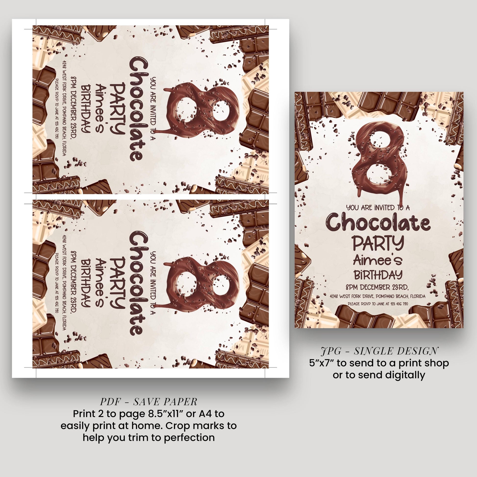 8th Birthday Invitation Chocolate Theme, Sweet Party Invite for Girls, Candy Birthday Party, Kids Editable Template CH78