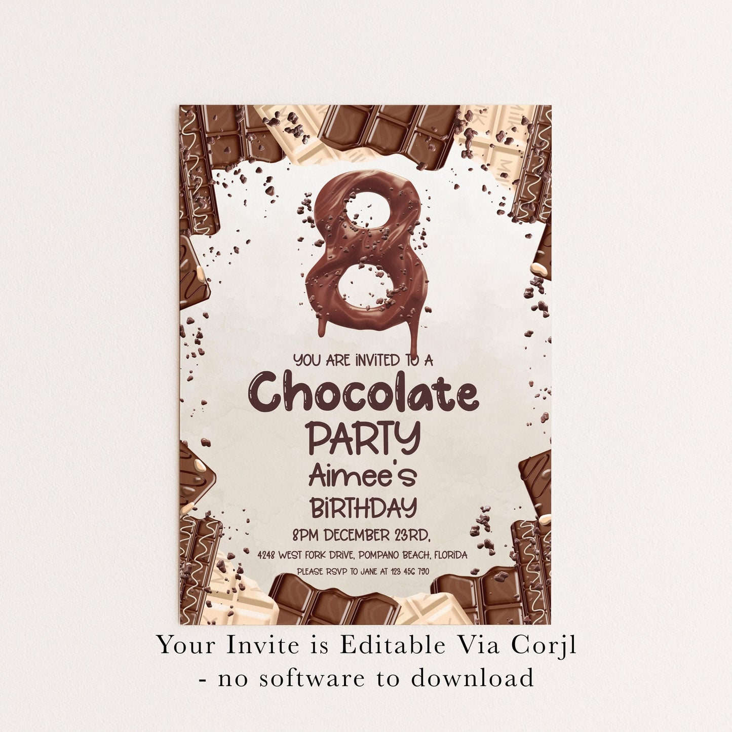 8th Birthday Invitation Chocolate Theme, Sweet Party Invite for Girls, Candy Birthday Party, Kids Editable Template CH78