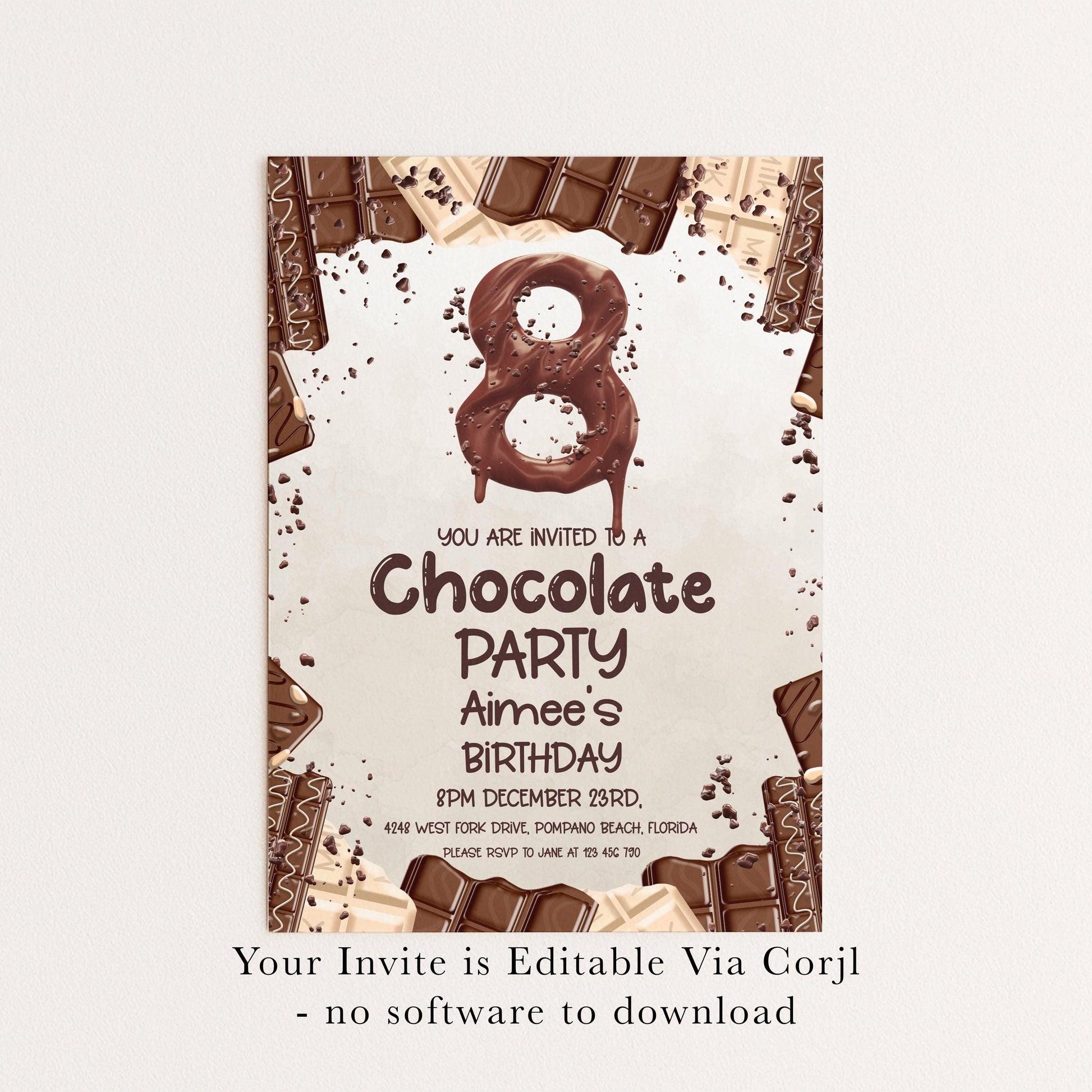 8th Birthday Invitation Chocolate Theme, Sweet Party Invite for Girls, Candy Birthday Party, Kids Editable Template CH78