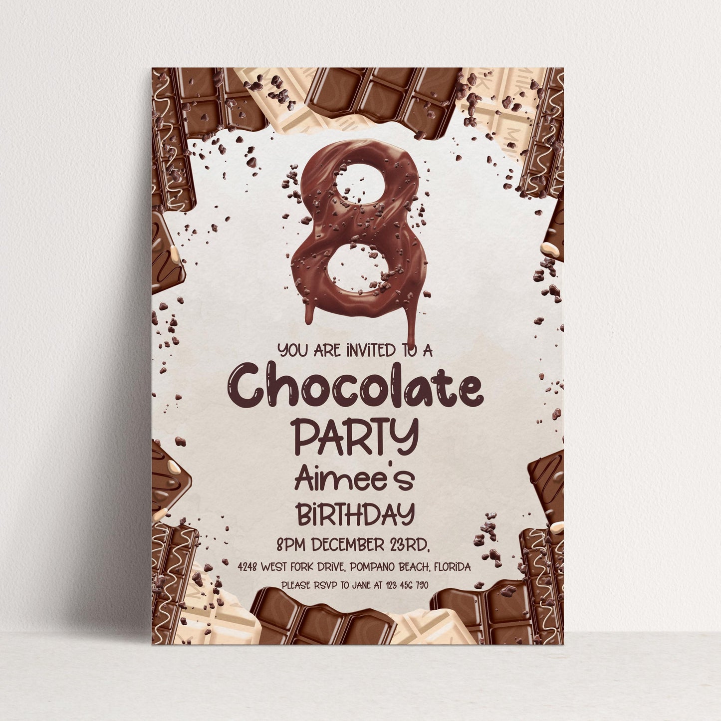8th Birthday Invitation Chocolate Theme, Sweet Party Invite for Girls, Candy Birthday Party, Kids Editable Template CH78