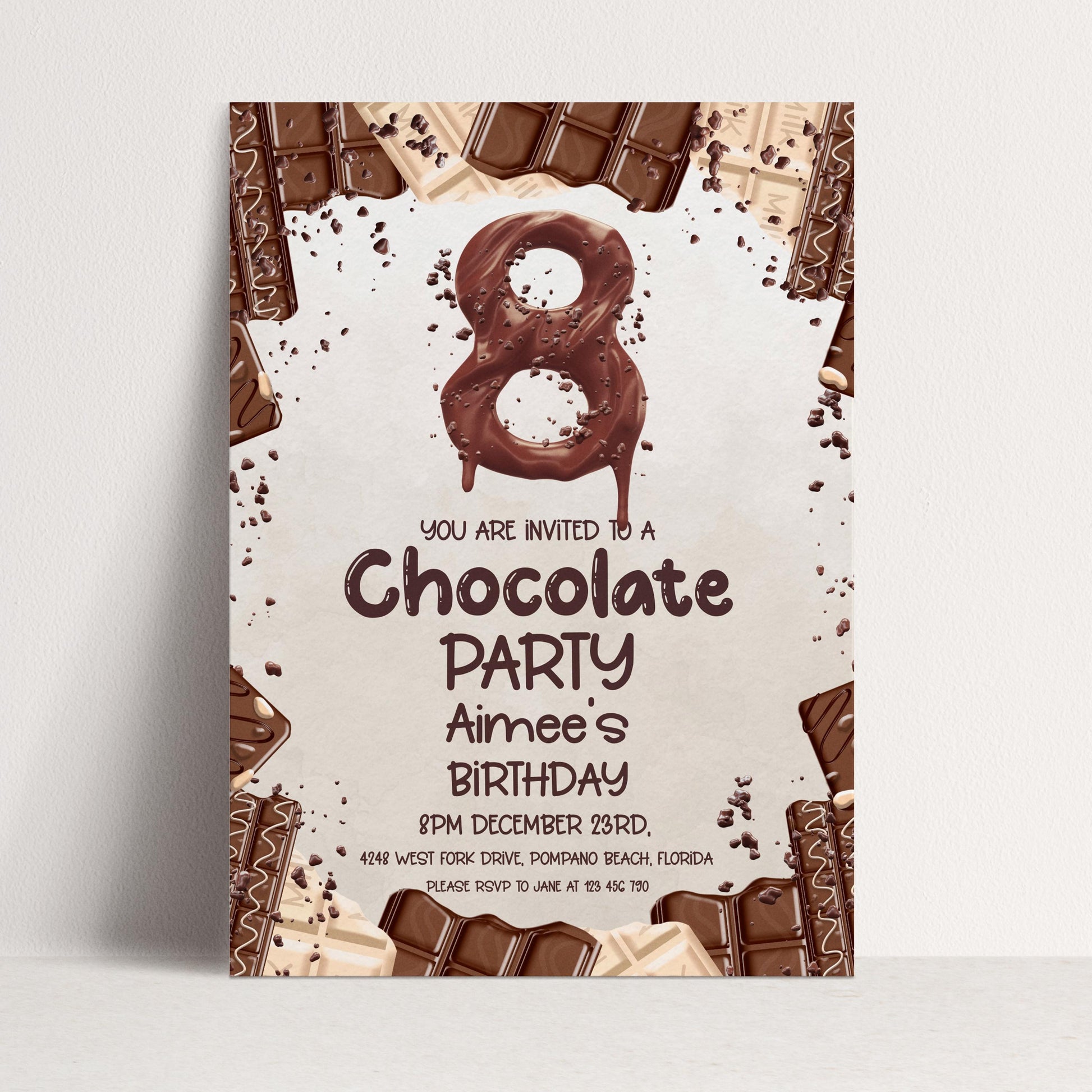 8th Birthday Invitation Chocolate Theme, Sweet Party Invite for Girls, Candy Birthday Party, Kids Editable Template CH78