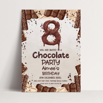 8th Birthday Invitation Chocolate Theme, Sweet Party Invite for Girls, Candy Birthday Party, Kids Editable Template CH78
