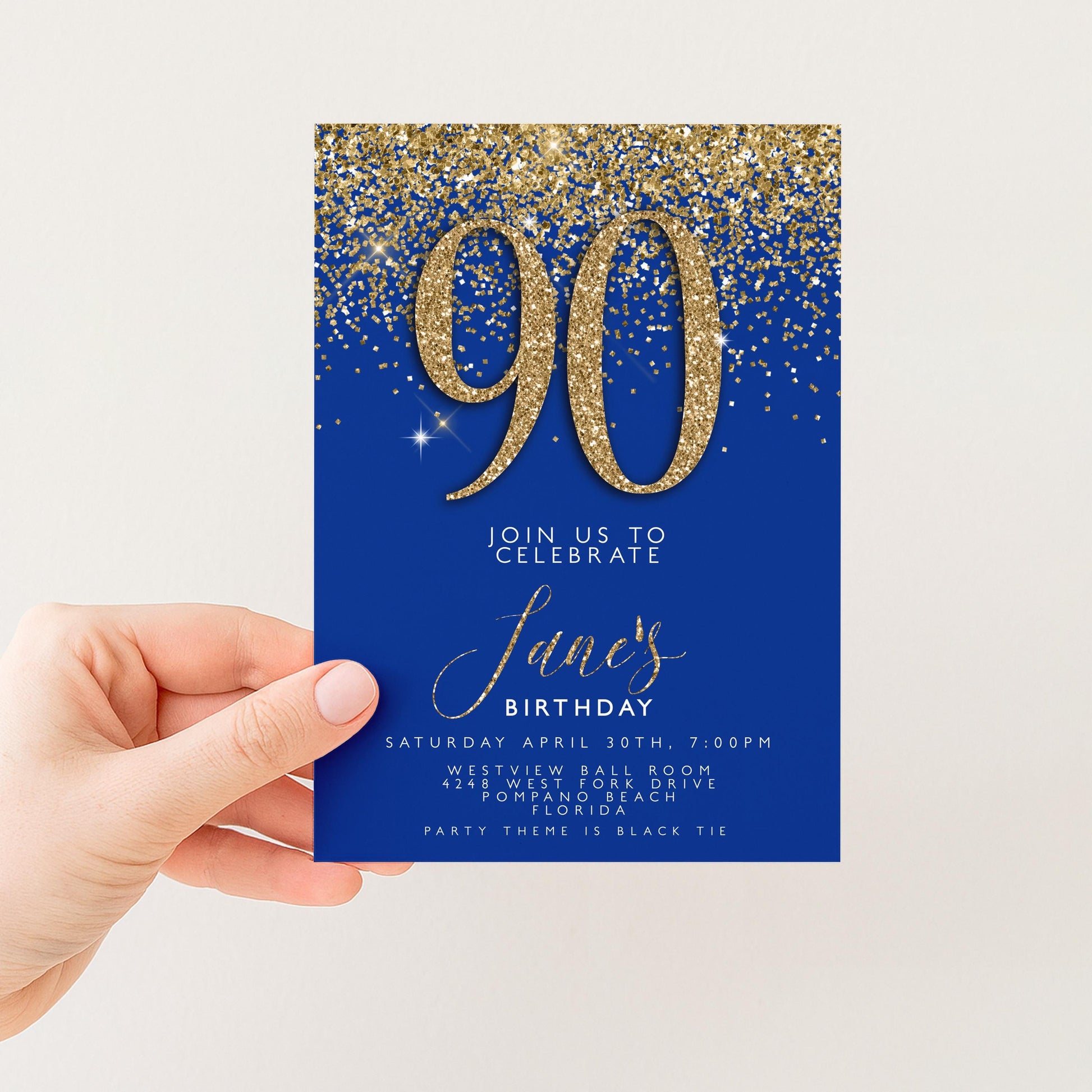90th Birthday Invitation – Navy & Gold Editable Template, Instant Download, Printable Corjl Invite, Any Age Milestone Celebration