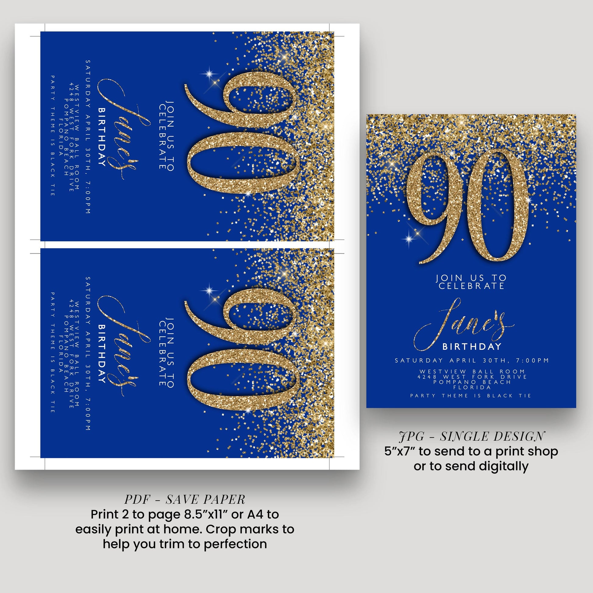 90th Birthday Invitation – Navy & Gold Editable Template, Instant Download, Printable Corjl Invite, Any Age Milestone Celebration