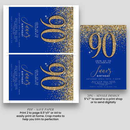90th Birthday Invitation – Navy & Gold Editable Template, Instant Download, Printable Corjl Invite, Any Age Milestone Celebration