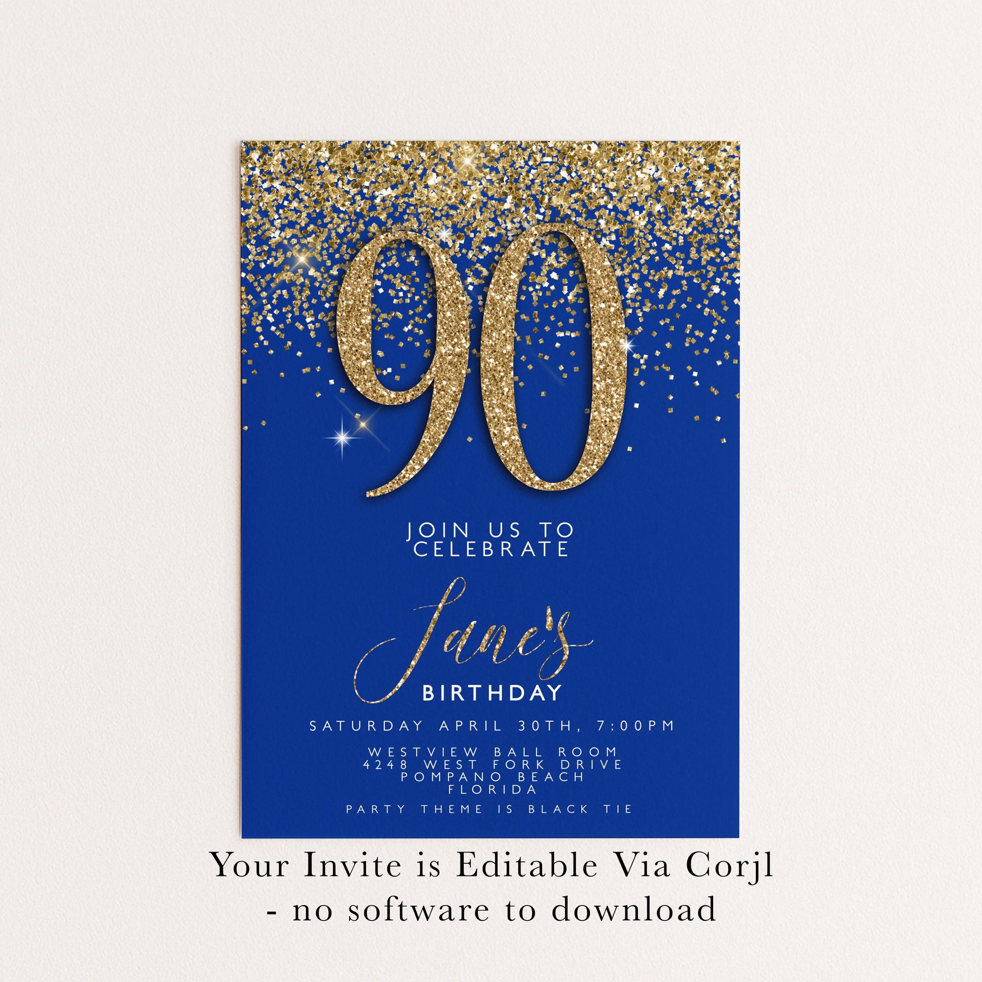 90th Birthday Invitation – Navy & Gold Editable Template, Instant Download, Printable Corjl Invite, Any Age Milestone Celebration