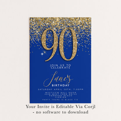 90th Birthday Invitation – Navy & Gold Editable Template, Instant Download, Printable Corjl Invite, Any Age Milestone Celebration