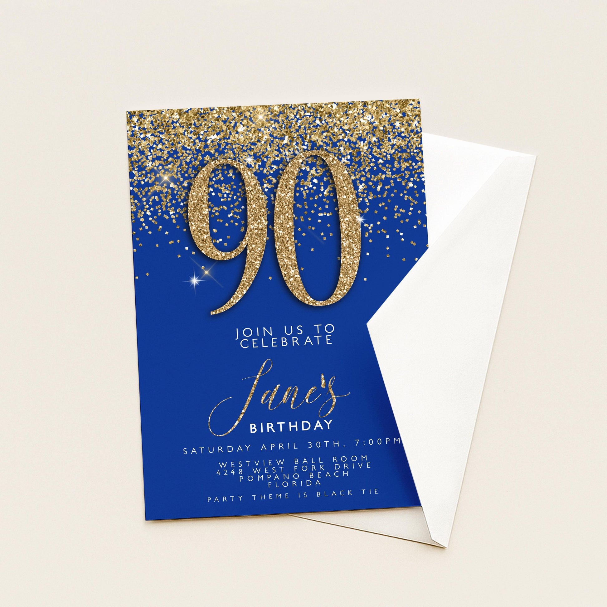 90th Birthday Invitation – Navy & Gold Editable Template, Instant Download, Printable Corjl Invite, Any Age Milestone Celebration